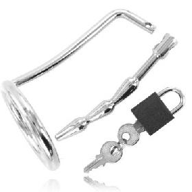 METAL HARD - Testikelsperre mit Harnröhren-Chastity-Plug aus Metall