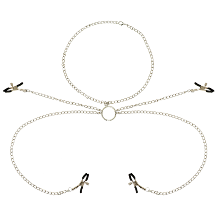 OHMAMA FETISH - 4 Metall-Nippelklemmen mit Kettenhalsband