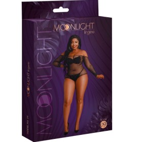 MOONLIGHT - Modell 9 Langarm-Body glänzendes Schwarz Plus Size