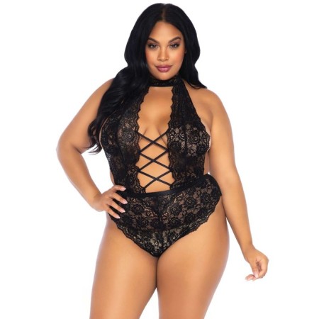 Leg Avenue Plus Size Teddy mit floralem Spitzenmuster und Frontöffnung