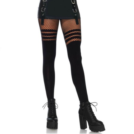 Leg Avenue Netzstrumpfhose mit dekorativen Streifen, schwarz, Einheitsgröße