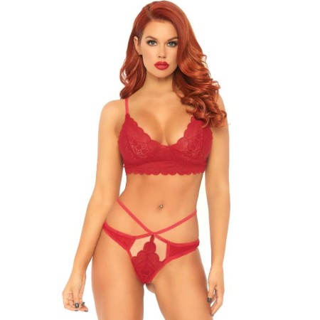 LEG AVENUE - 2-teiliges Set mit Spitzen-Bralette und Doppelriemen-String in Rot M/L