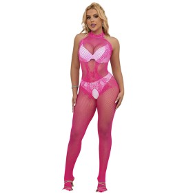 SUBBLIME - 952389 Netz- und Spitzen-Bodystocking mit offenem Schritt und hohem Kragen, Pink, One Size
