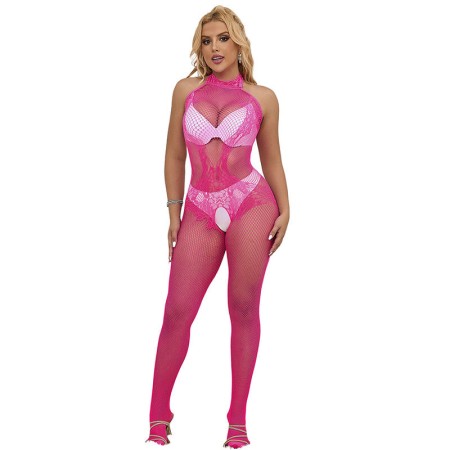 SUBBLIME - 952389 Netz- und Spitzen-Bodystocking mit offenem Schritt und hohem Kragen, Pink, One Size