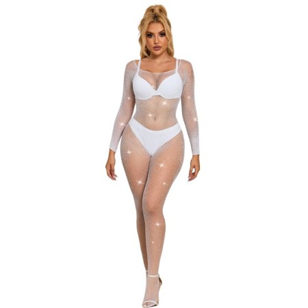 SUBBLIME 952396 Netz-Bodystocking mit Diamanten, langärmlig, weiß, Einheitsgröße