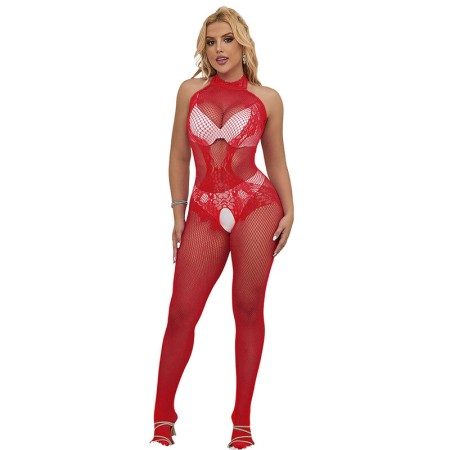 SUBBLIME - 952372 Netz- und Spitzen-Bodystocking mit hohem Hals, offen im Schritt, Rot, Einheitsgröße