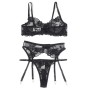 SUBBLIME - 3-teiliges Set BH + Tanga + Strumpfhalter mit floralem Muster Schwarz L/XL