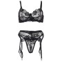 SUBBLIME - 3-teiliges Set BH + Tanga + Strumpfhalter mit floralem Muster Schwarz L/XL