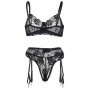 SUBBLIME - 3-teiliges Set BH + Tanga + Strumpfhalter mit floralem Muster Schwarz L/XL