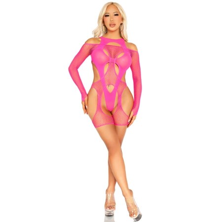 LEG AVENUE - Netzbody mit Strapsgürtel und Harness in Neonpink
