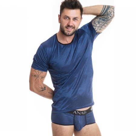 ANAIS MEN - NAVAL T-Shirt aus schwarzem Netzstoff mit blauen Satinstreifen