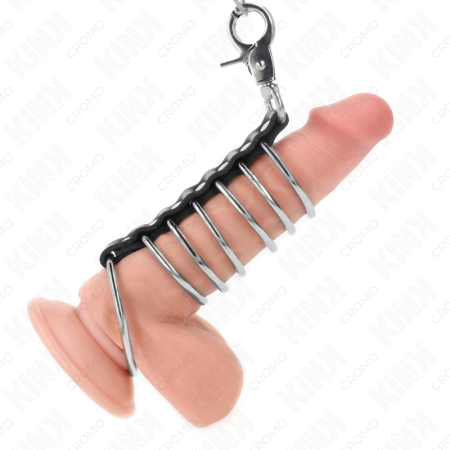 KINK - 7 Metall-Penisringe 3,8 bis 5 cm verbunden mit Kunstleder und 100 cm Metallkette