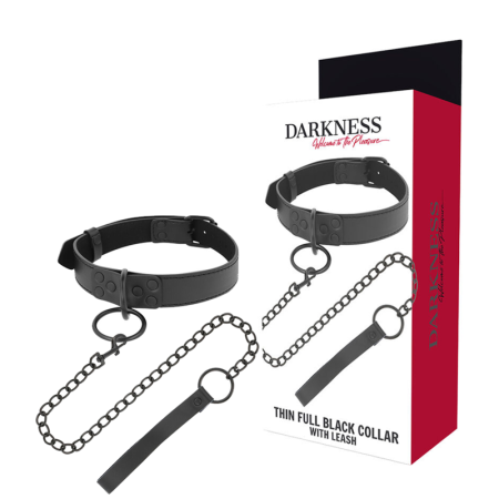 DARKNESS - Schwarzes Halsband mit Kette und Leine aus Neopren und Semileder