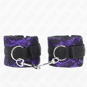 KINK - Kurze Samt-Spitzen-Handfesseln mit Nylonverbindung Violett/Schwarz 23x6,5 cm